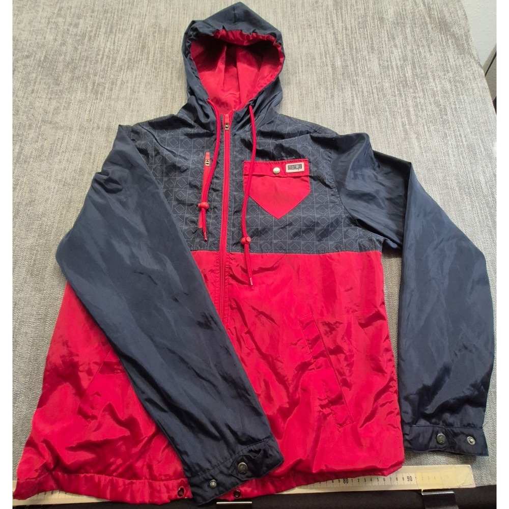Baseballism men's hooded Anorak Windbreaker Jacket Red/Blue LG 1/4 Zip Pockets